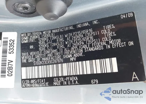 2009 Toyota Sienna Le из США, поврежденный, VIN 5TDZK23CX9S287876